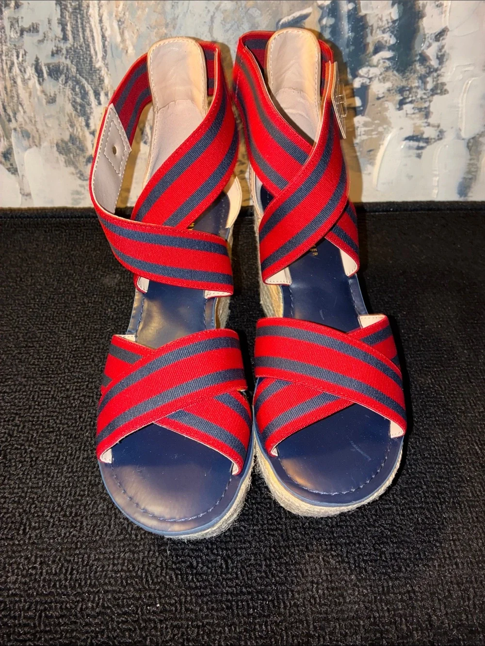 NWT Tommy Hilfiger Red & Navy Striped Espadrille Wedge Sandals Size 7.5